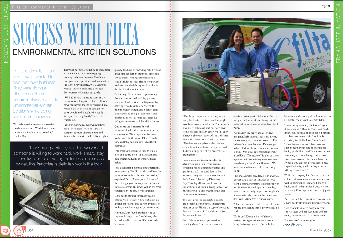 Filta Environmental Kitchen Solutions Franchising USA Magazine Feature